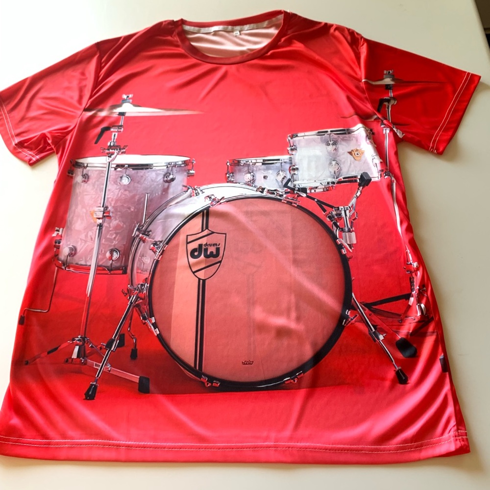 Drummer Tee Shirt. Picture of Drums Front & Back Stretch Polyester festival New